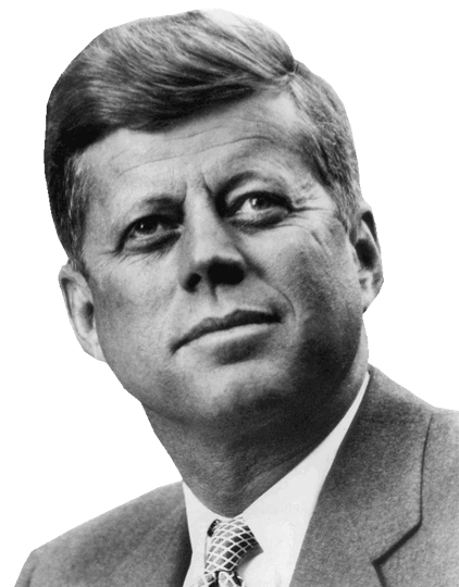 Vystřižený černobílý portrét Johna F. Kennedyho.